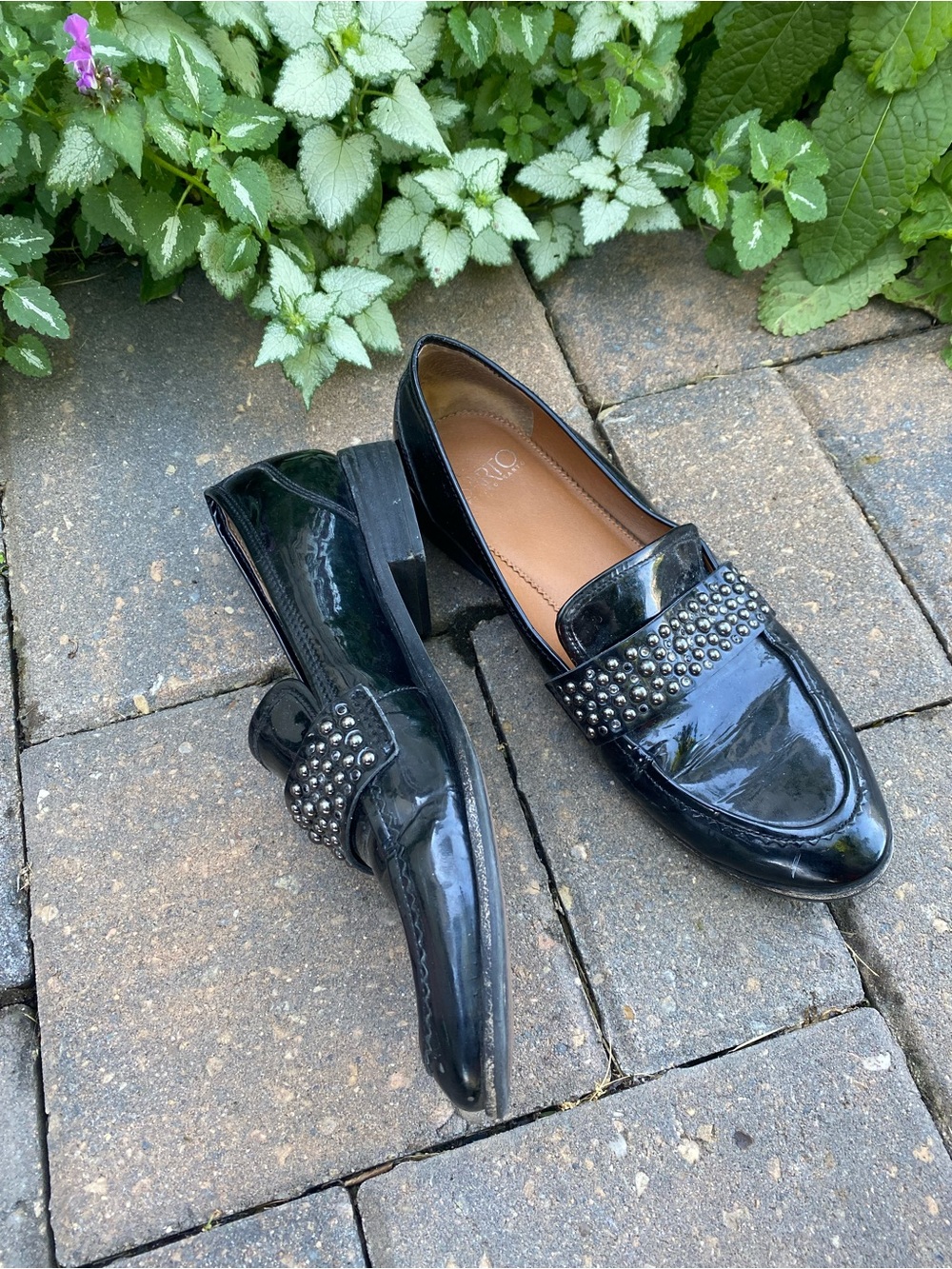 Franco Sarto Black Patent Studded Loafers Size 10.5 Summer Sale